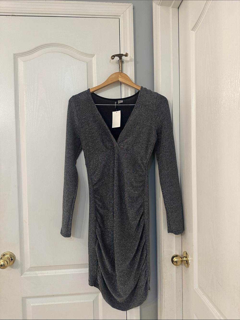 H&M Metallic Gray V-Neck Long Sleeve Ruched Dress